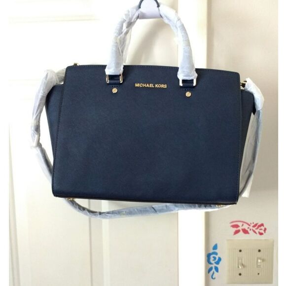 New! MICHAEL KORS Selma Leather Handbag Satchel Bag With Long Straps Navy Blue - Picture 6 of 7